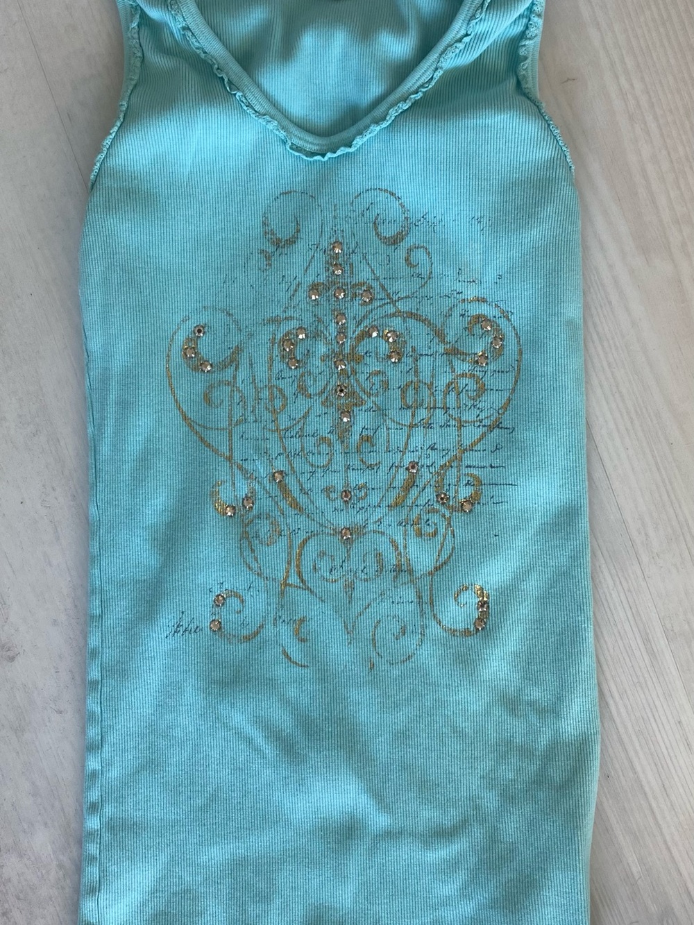 Aqua Ribbed Tank Top with Gold Scroll and Rhinestone Accent